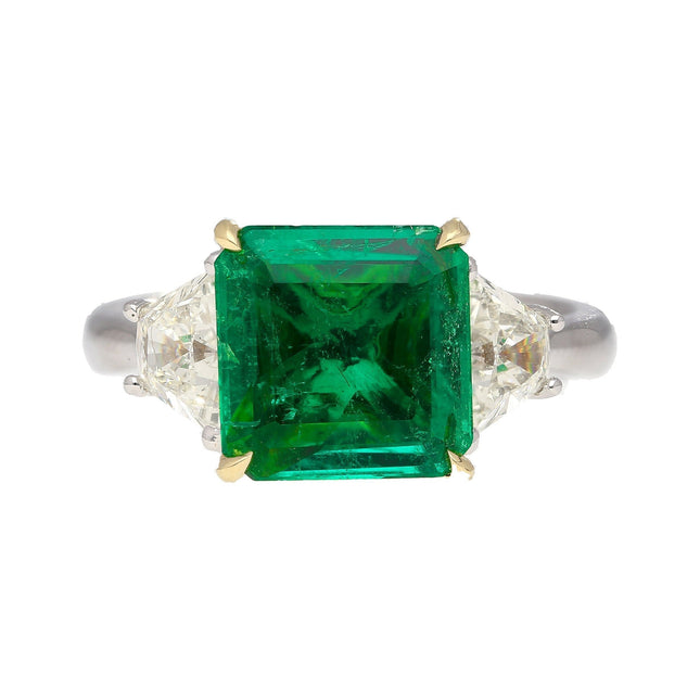2.44 Carat Emerald Cut No Oil Green Emerald Trapezoid Diamond Three Stone Ring-Time and Carat