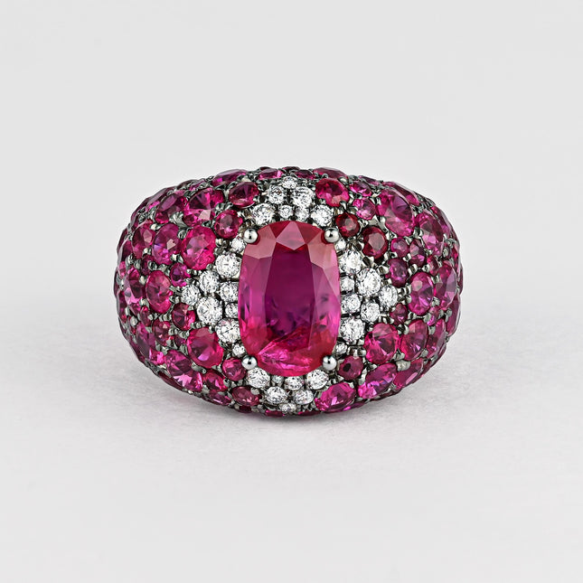 2.48 Carat Oval Cut Pinkish Red Burma Ruby Round Diamond Ruby Pave Dome Ring 18K White Gold No Heat-Time and Carat