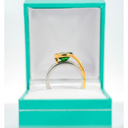 2.50 Carat Oval Cut Green Tsavorite Round Diamond Overpass Two Tone Ring-Time and Carat