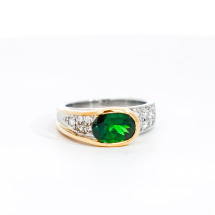 2.50 Carat Oval Cut Green Tsavorite Round Diamond Overpass Two Tone Ring-Time and Carat
