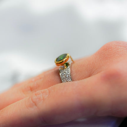 2.50 Carat Oval Cut Green Tsavorite Round Diamond Overpass Two Tone Ring-Time and Carat