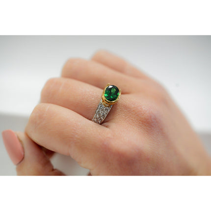 2.50 Carat Oval Cut Green Tsavorite Round Diamond Overpass Two Tone Ring-Time and Carat