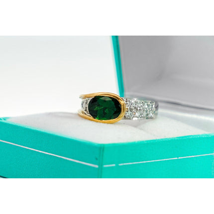 2.50 Carat Oval Cut Green Tsavorite Round Diamond Overpass Two Tone Ring-Time and Carat