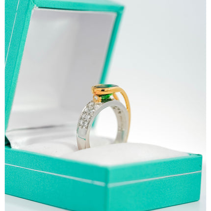 2.50 Carat Oval Cut Green Tsavorite Round Diamond Overpass Two Tone Ring-Time and Carat