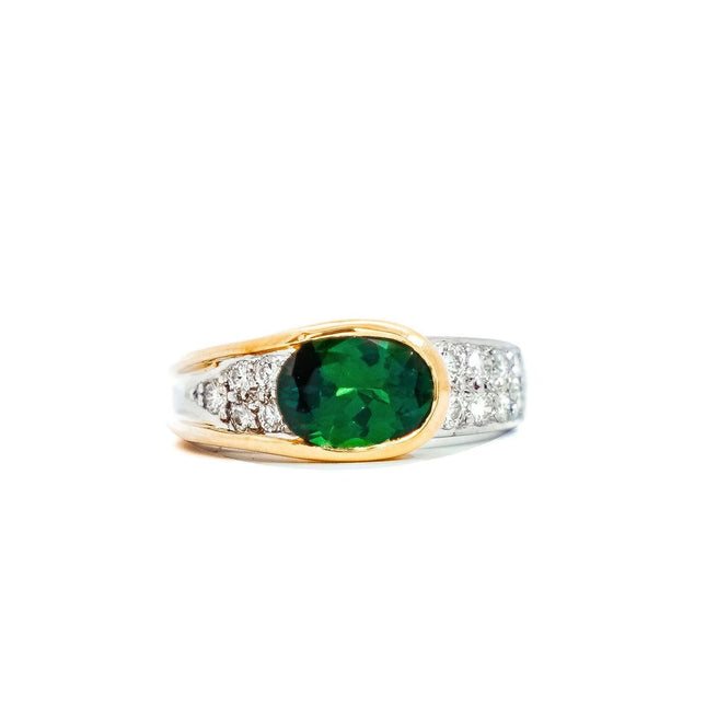 2.50 Carat Oval Cut Green Tsavorite Round Diamond Overpass Two Tone Ring-Time and Carat