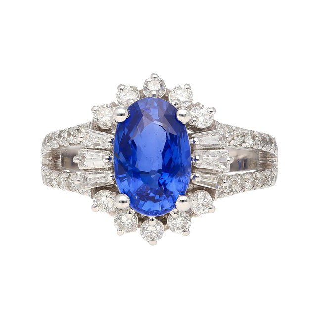 2.50 Carat Oval Cut No Heat Blue Sapphire Diamond Halo Split Shank Ring-Time and Carat
