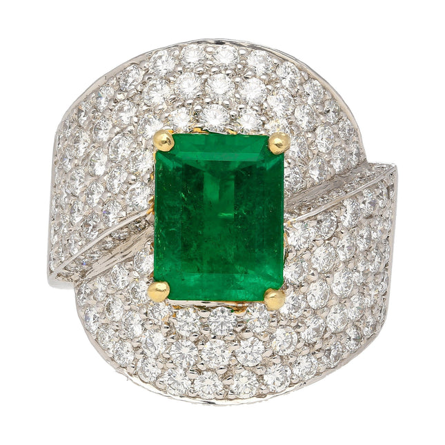 2.53 Carat Emerald Cut Vivid Green Muzo Emerald Round Diamond Bypass Ring-Time and Carat