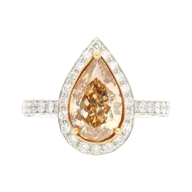 2.53 Carat Pear Shape Fancy Brown Yellow Diamond Halo Pave Engagement Ring 18K Gold-Time and Carat