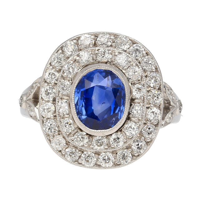 2.56 Carat Oval Cut Kashmir Blue Sapphire Double Diamond Halo Art Deco Ring-Time and Carat
