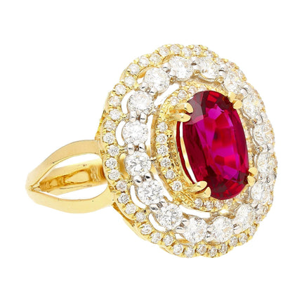 2.58 Carat Oval Thai Ruby Triple Diamond Halo Ring Retro Vintage Two Tone Gold-Time and Carat