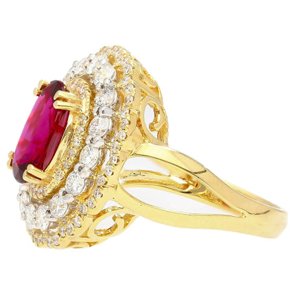 2.58 Carat Oval Thai Ruby Triple Diamond Halo Ring Retro Vintage Two Tone Gold-Time and Carat