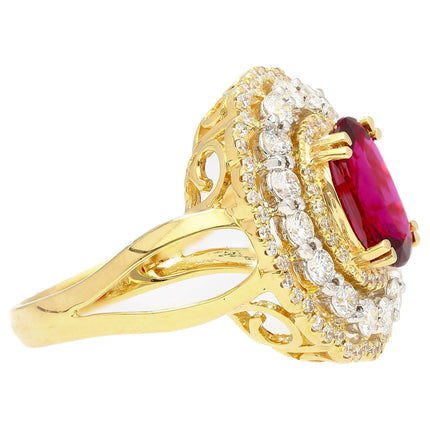 2.58 Carat Oval Thai Ruby Triple Diamond Halo Ring Retro Vintage Two Tone Gold-Time and Carat