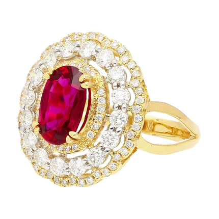 2.58 Carat Oval Thai Ruby Triple Diamond Halo Ring Retro Vintage Two Tone Gold-Time and Carat