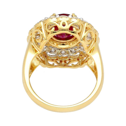 2.58 Carat Oval Thai Ruby Triple Diamond Halo Ring Retro Vintage Two Tone Gold-Time and Carat