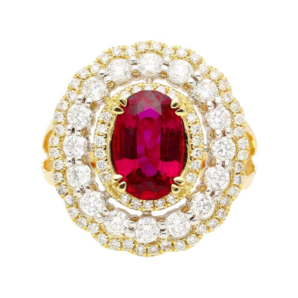 2.58 Carat Oval Thai Ruby Triple Diamond Halo Ring Retro Vintage Two Tone Gold-Time and Carat