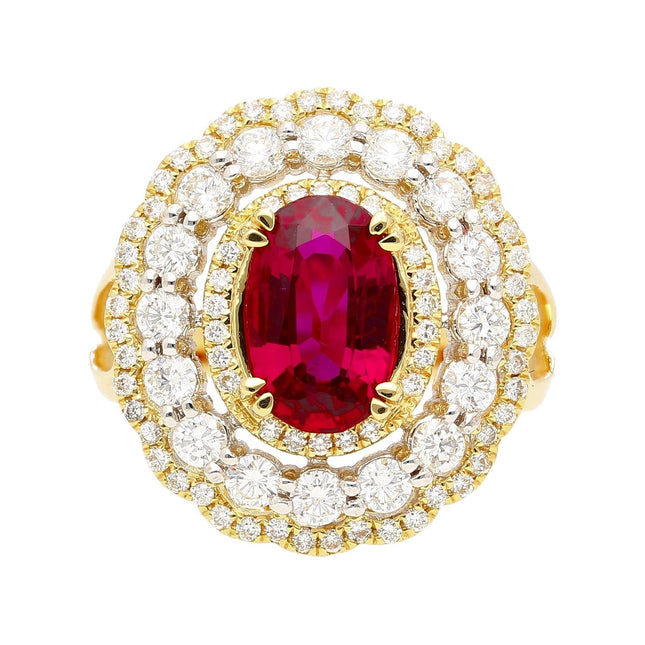 2.58 Carat Oval Thai Ruby Triple Diamond Halo Ring Retro Vintage Two Tone Gold-Time and Carat