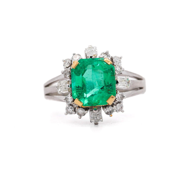 2.59 Carat Octagonal Step Cut Colombian Emerald Diamond Halo Cocktail Ring Platinum 18K Gold Split Shank-Time and Carat