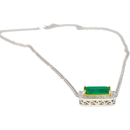 2.66 Carat Octagonal Cut Muzo Colombian Emerald Princess Diamond Floating Pendant Necklace 18K Gold-Time and Carat