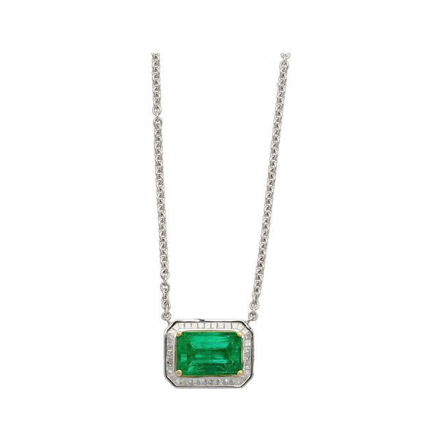 2.66 Carat Octagonal Cut Muzo Colombian Emerald Princess Diamond Floating Pendant Necklace 18K Gold-Time and Carat