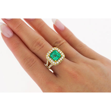 2.66 Carat Octagonal Emerald Cut Colombian Emerald Round Diamond Halo Ring-Time and Carat