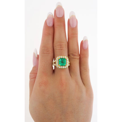 2.66 Carat Octagonal Emerald Cut Colombian Emerald Round Diamond Halo Ring-Time and Carat