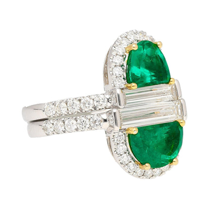 2.67 Carat Half Moon Cut Colombian Emerald Diamond Stack Ring 18K White Gold-Time and Carat