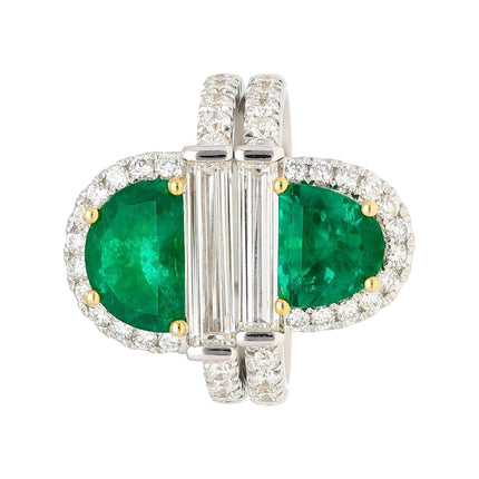 2.67 Carat Half Moon Cut Colombian Emerald Diamond Stack Ring 18K White Gold-Time and Carat