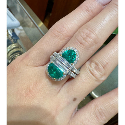 2.67 Carat Half Moon Cut Colombian Emerald Diamond Stack Ring 18K White Gold-Time and Carat