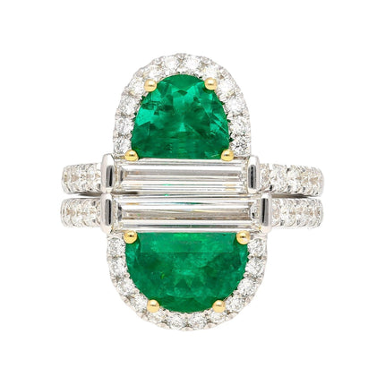 2.67 Carat Half Moon Cut Colombian Emerald Diamond Stack Ring 18K White Gold-Time and Carat
