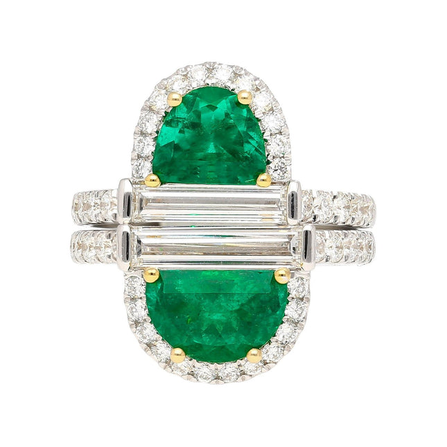 2.67 Carat Half Moon Cut Colombian Emerald Diamond Stack Ring 18K White Gold-Time and Carat