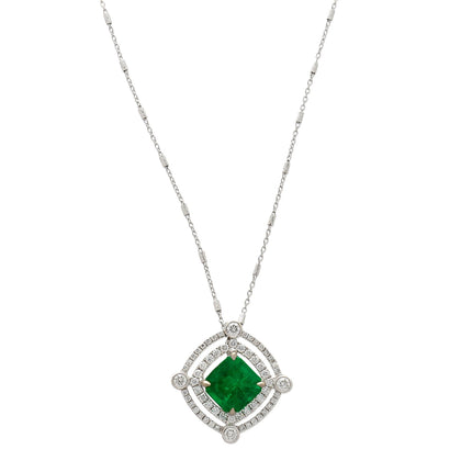 2.72 Carat Emerald Cut Vivid Green Colombian Emerald Round Diamond Double Halo Pendant Necklace 18K White Gold Muzo Mine Minor Oil-Time and Carat