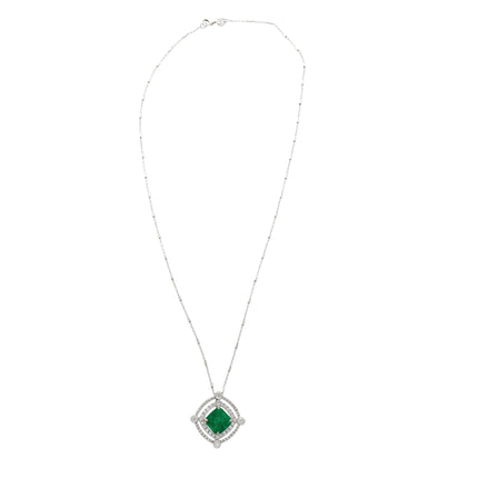 2.72 Carat Emerald Cut Vivid Green Colombian Emerald Round Diamond Double Halo Pendant Necklace 18K White Gold Muzo Mine Minor Oil-Time and Carat