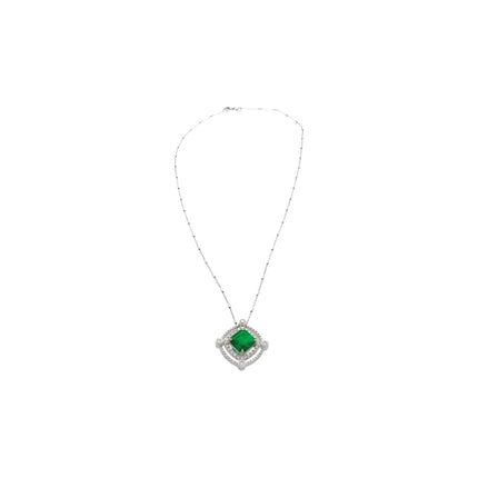 2.72 Carat Emerald Cut Vivid Green Colombian Emerald Round Diamond Double Halo Pendant Necklace 18K White Gold Muzo Mine Minor Oil-Time and Carat