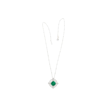 2.72 Carat Emerald Cut Vivid Green Colombian Emerald Round Diamond Double Halo Pendant Necklace 18K White Gold Muzo Mine Minor Oil-Time and Carat