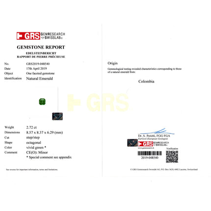 2.72 Carat Emerald Cut Vivid Green Colombian Emerald Round Diamond Double Halo Pendant Necklace 18K White Gold Muzo Mine Minor Oil-Time and Carat