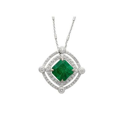 2.72 Carat Emerald Cut Vivid Green Colombian Emerald Round Diamond Double Halo Pendant Necklace 18K White Gold Muzo Mine Minor Oil-Time and Carat