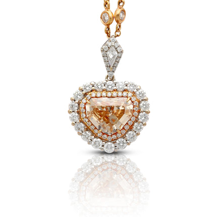 2.75 Carat Shield Cut Fancy Light Yellowish Brown Diamond Double Halo Pendant Necklace Two Tone-Time and Carat