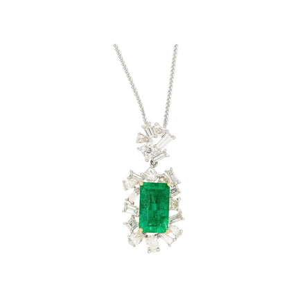 2.76 Carat Octagonal Cut Muzo Colombian Emerald Multi Cut Diamond Cluster Pendant-Time and Carat