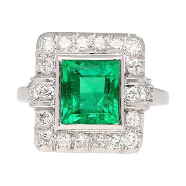 2.86 Carat Rectangular Step Cut Afghan China Border Emerald Diamond Halo Ring-Time and Carat