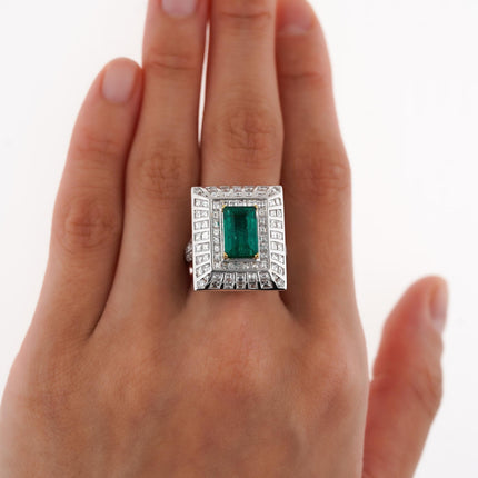 2.91 Carat Emerald Cut Colombian Emerald Baguette Diamond Art Deco Wide Frame-Time and Carat