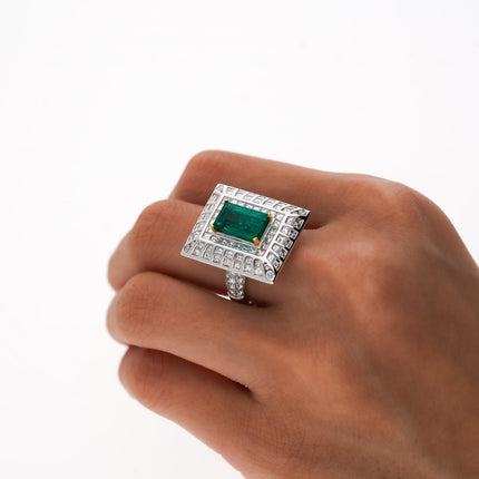 2.91 Carat Emerald Cut Colombian Emerald Baguette Diamond Art Deco Wide Frame-Time and Carat