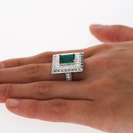 2.91 Carat Emerald Cut Colombian Emerald Baguette Diamond Art Deco Wide Frame-Time and Carat