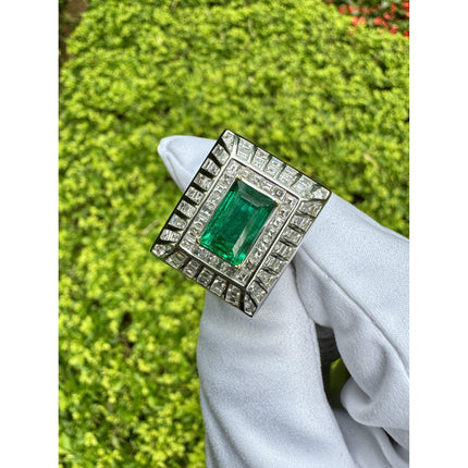 2.91 Carat Emerald Cut Colombian Emerald Baguette Diamond Art Deco Wide Frame-Time and Carat