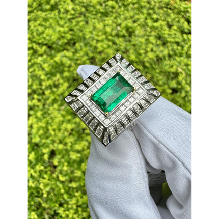 2.91 Carat Emerald Cut Colombian Emerald Baguette Diamond Art Deco Wide Frame-Time and Carat