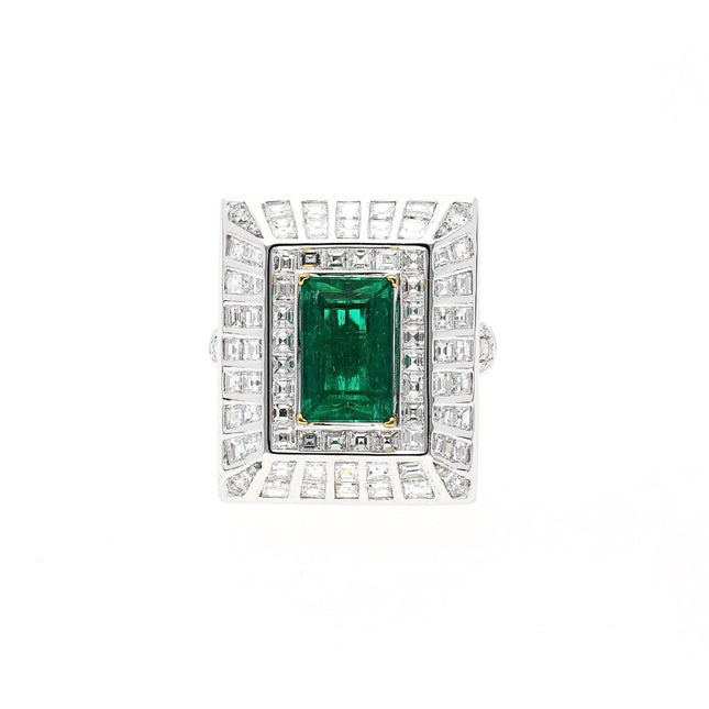 2.91 Carat Emerald Cut Colombian Emerald Baguette Diamond Art Deco Wide Frame-Time and Carat
