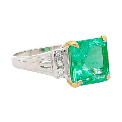 2.91 Carat Square Step Cut Colombian Emerald Princess Cut Diamond Ring Platinum Yellow Gold Prongs Vintage-Time and Carat