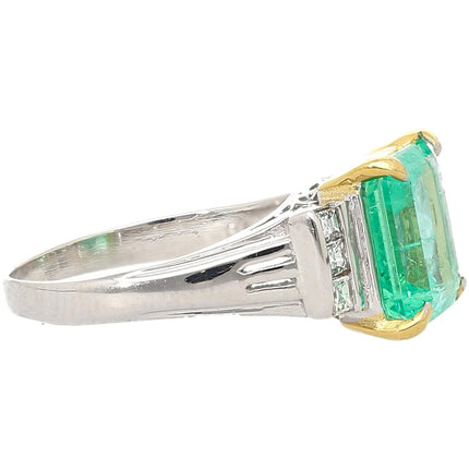 2.91 Carat Square Step Cut Colombian Emerald Princess Cut Diamond Ring Platinum Yellow Gold Prongs Vintage-Time and Carat