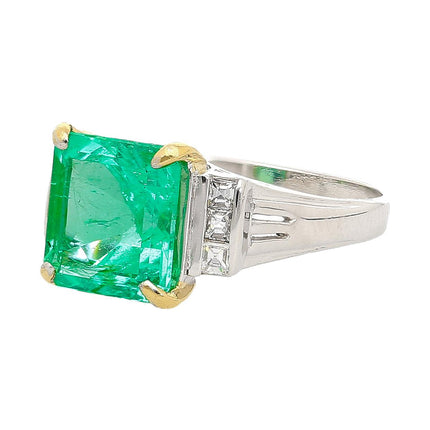2.91 Carat Square Step Cut Colombian Emerald Princess Cut Diamond Ring Platinum Yellow Gold Prongs Vintage-Time and Carat
