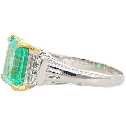 2.91 Carat Square Step Cut Colombian Emerald Princess Cut Diamond Ring Platinum Yellow Gold Prongs Vintage-Time and Carat