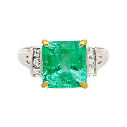 2.91 Carat Square Step Cut Colombian Emerald Princess Cut Diamond Ring Platinum Yellow Gold Prongs Vintage-Time and Carat